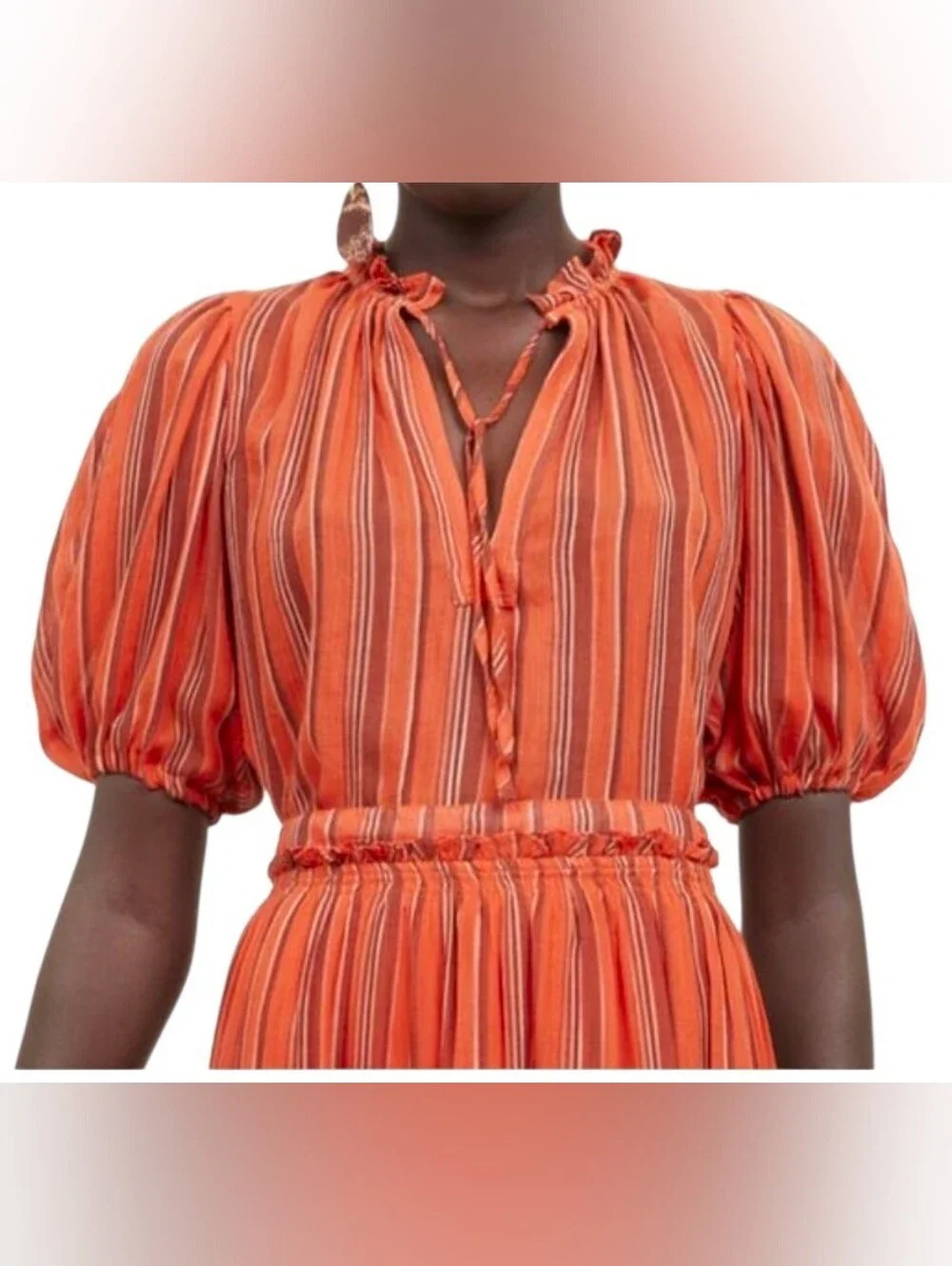 Ulla Johnson Oona Red Striped Ruffle-Tie Puff Sleeve Blouse Size 2